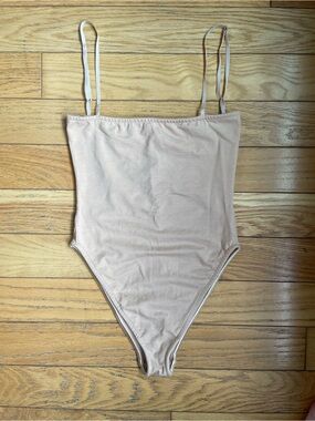 Are You Am I Kimia Spaghetti Strap Bodysuit Nude Beige Tan Square Neckline S